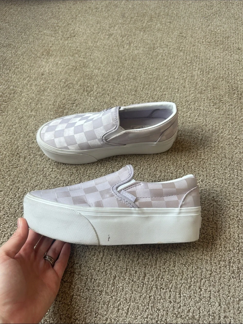 Van’s classic slip on stackform sneakers in pastel satin lilac Checkerboard